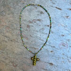 Green Glass Beaded Cross Necklace
